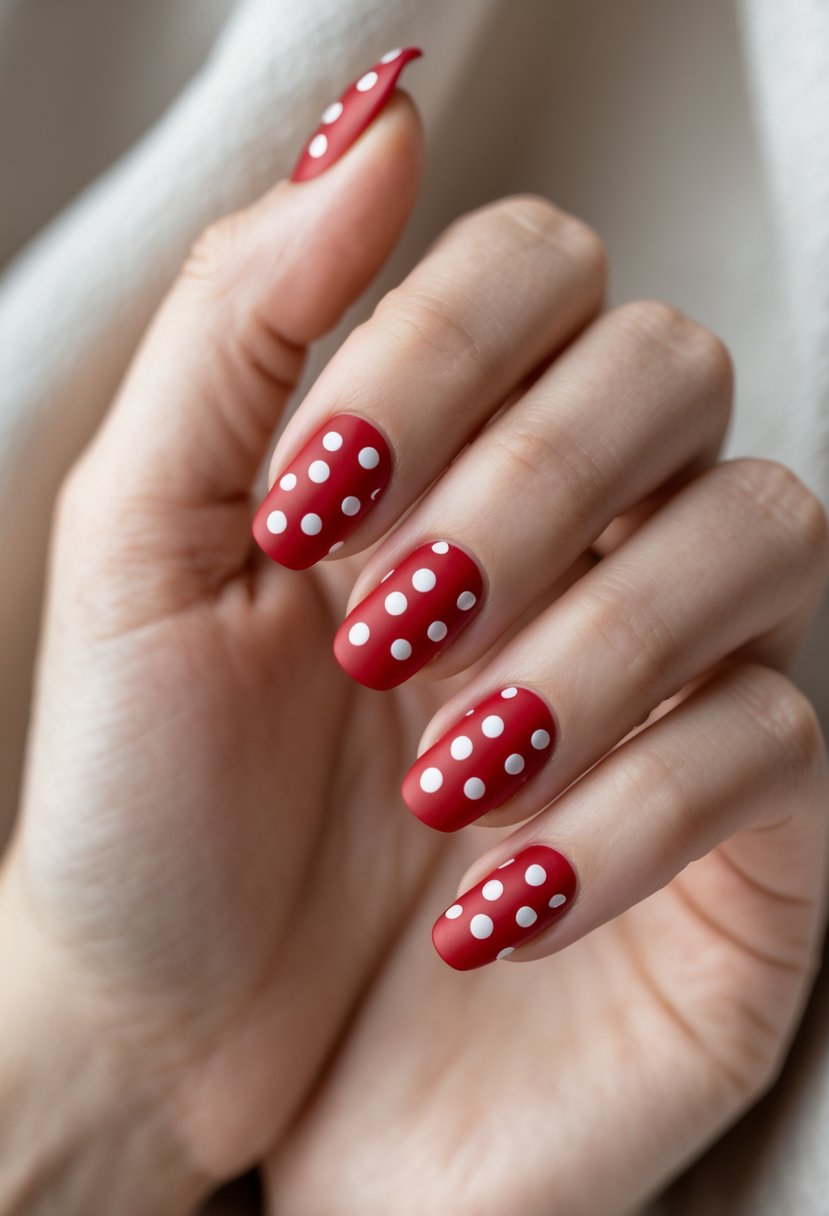 Close-up of hands with red nails featuring glossy red dots on a matte red base.
