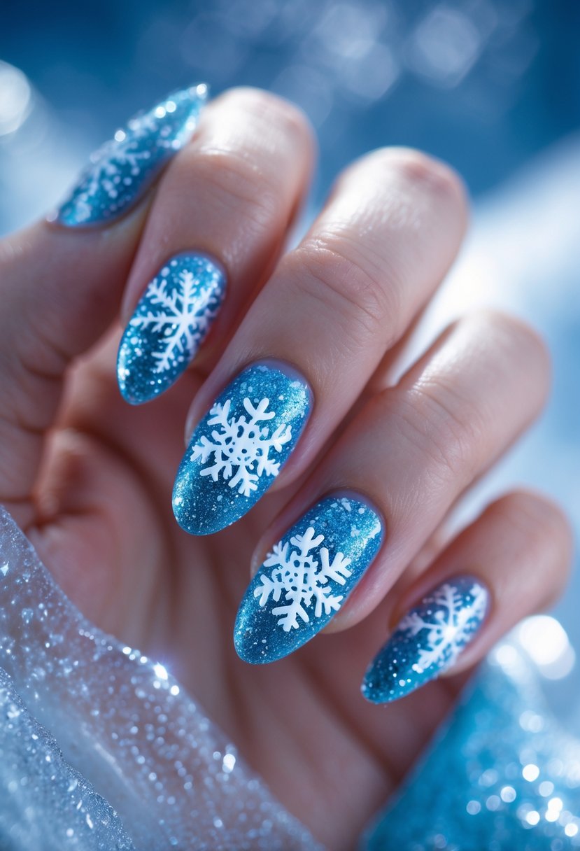 A hand with blue nails decorated with glittery snowflake designs.