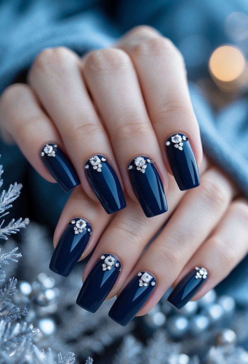 Close-up of hands with navy blue nails decorated with silver studs.