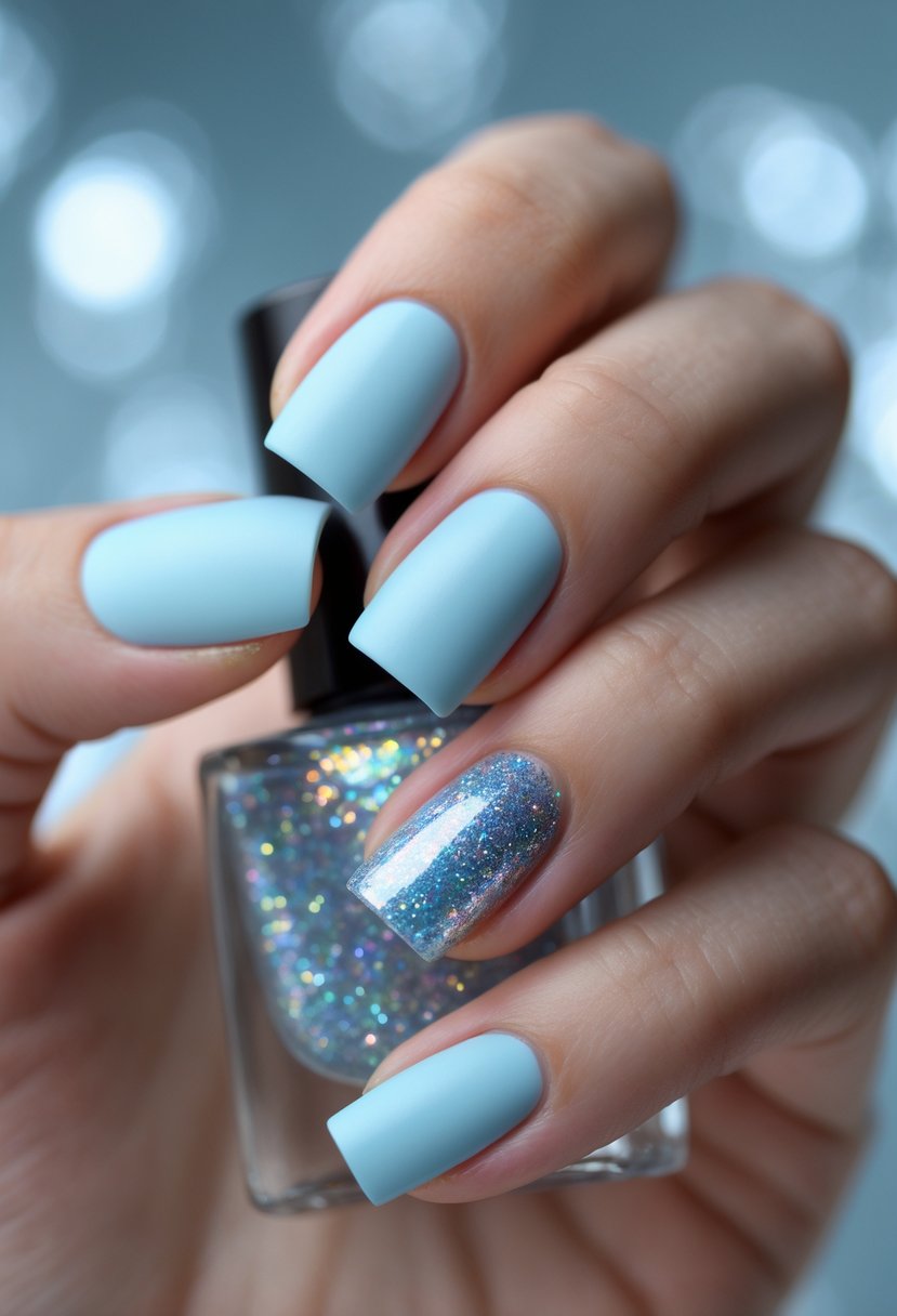 A close-up of a hand with nails painted in soft baby blue matte with holographic glitter.