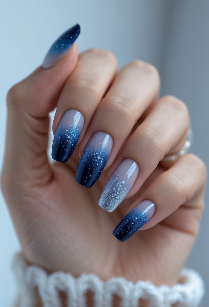 Close-up of a hand with blue gradient nails decorated with frosted sparkles.