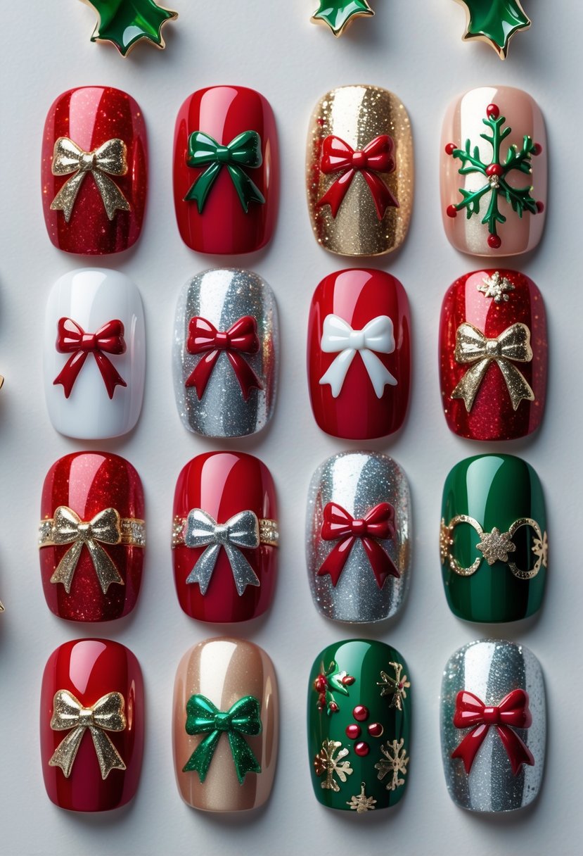 Sixteen Christmas-themed nails with different bow designs and festive decorations arranged in four rows on a neutral background.