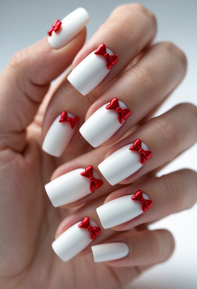 Close-up of a hand with 16 matte white nails decorated with red 3D bow accents.