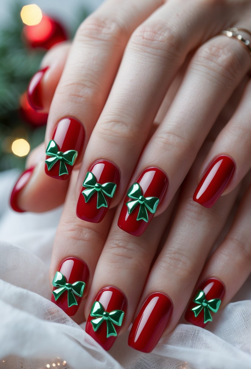 Close-up of hands with cherry red nails decorated with shiny green bows.