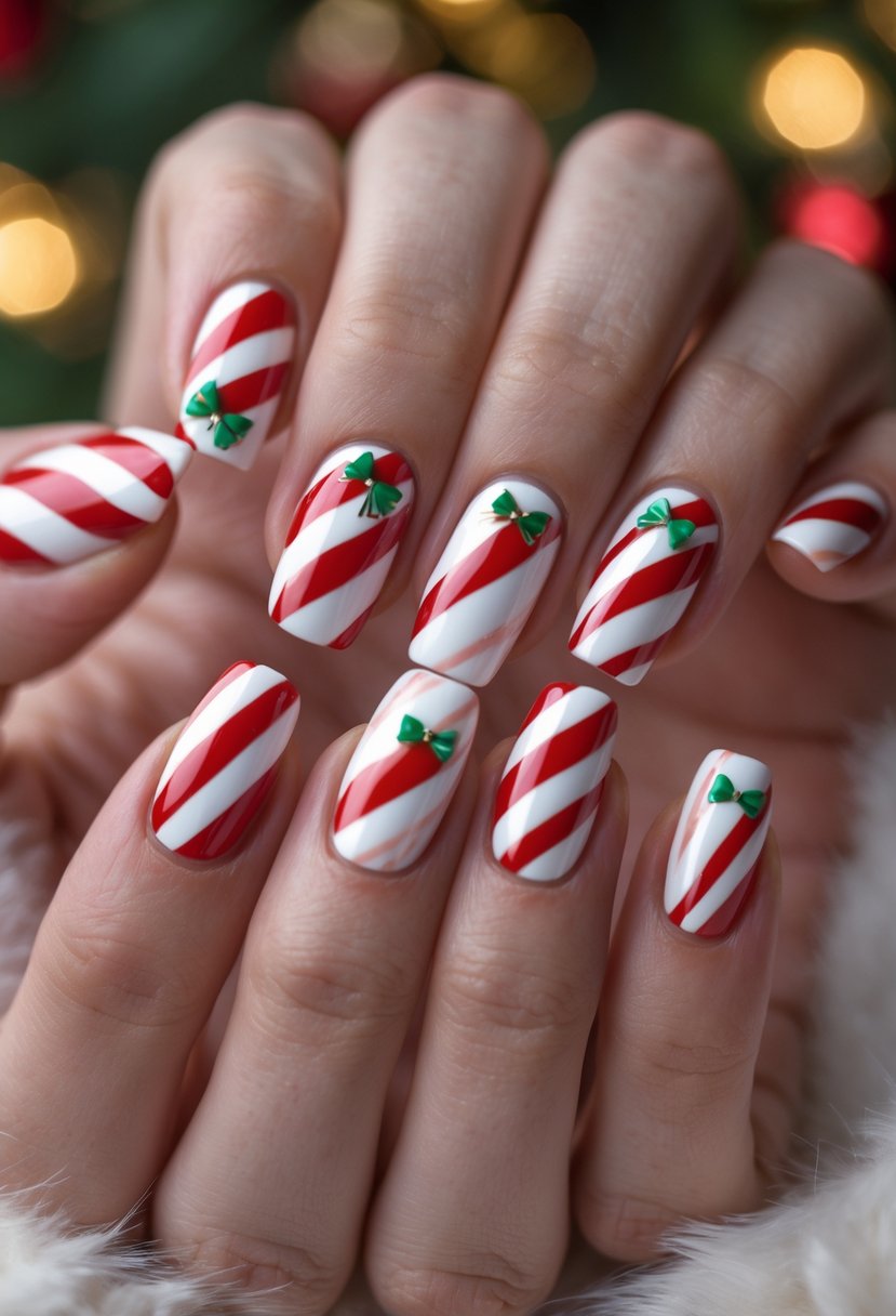 Close-up of hands with sixteen fingernails painted in red and white candy cane stripes, decorated with small bows.