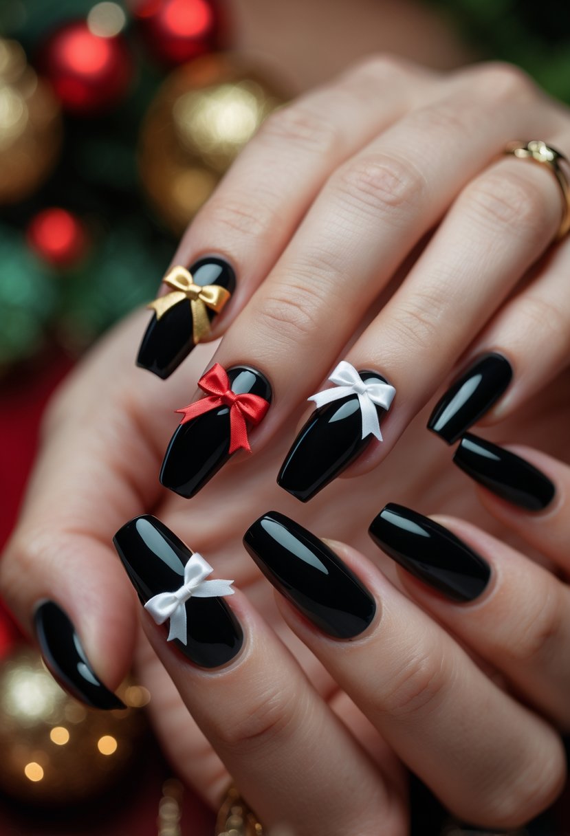Close-up of hands with glossy black nails decorated with small satin bows.