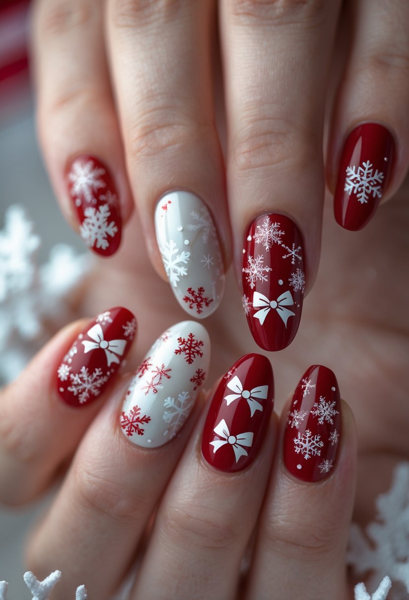 Close-up of a hand showing 16 Christmas-themed nails decorated with snowflakes and bows.