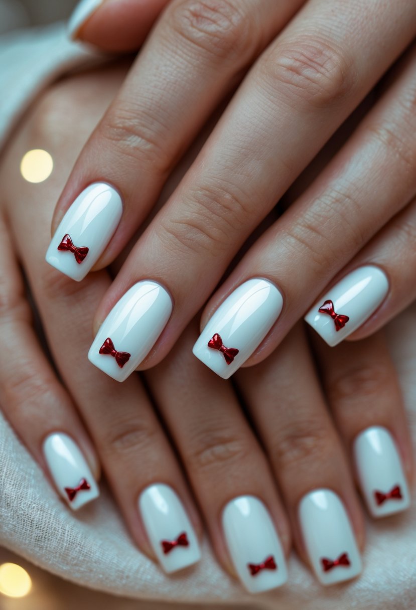 Close-up of hands with bright white nails decorated with small red bows.