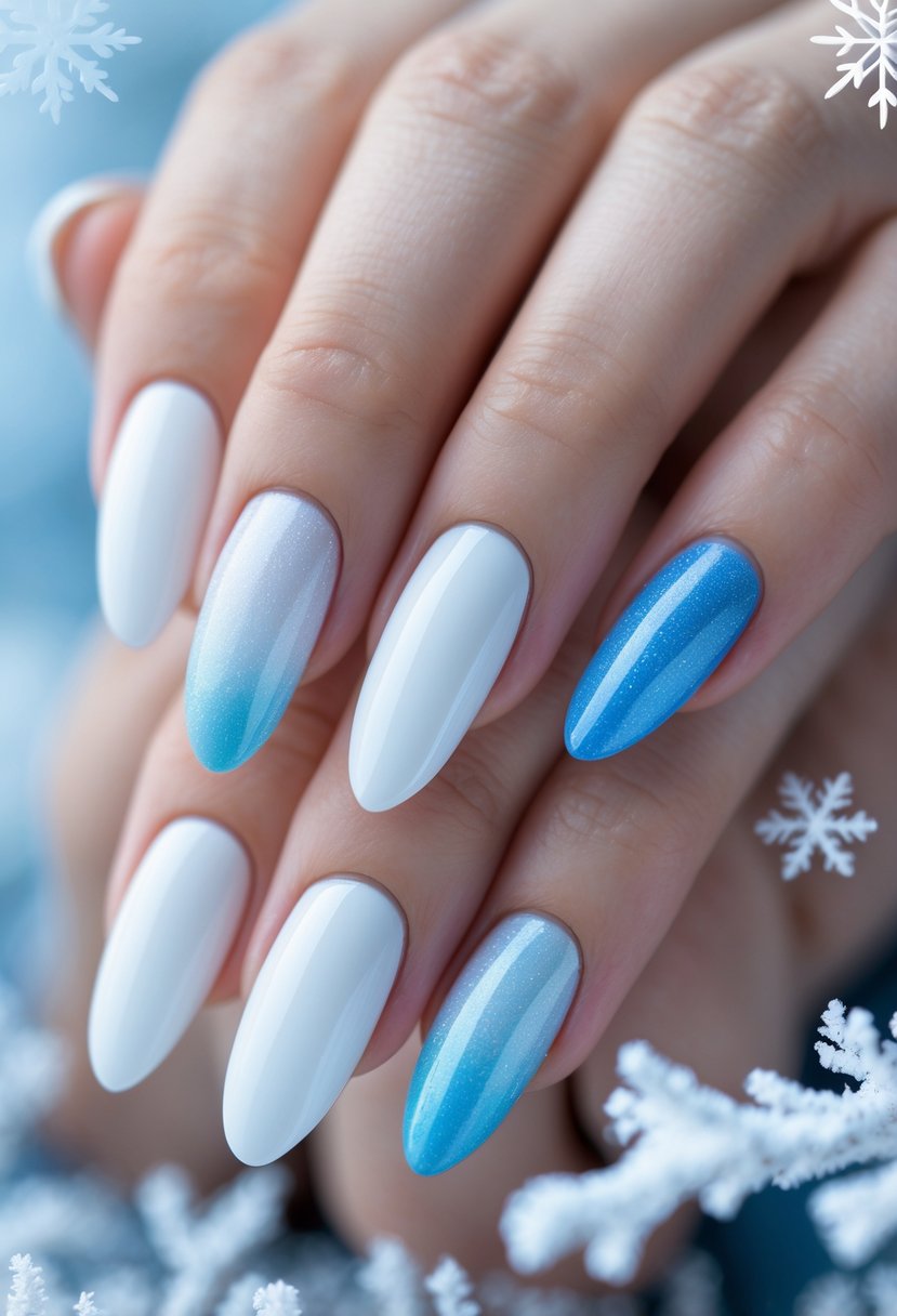 Close-up of hands with nails painted in a white to blue gradient ombre design.