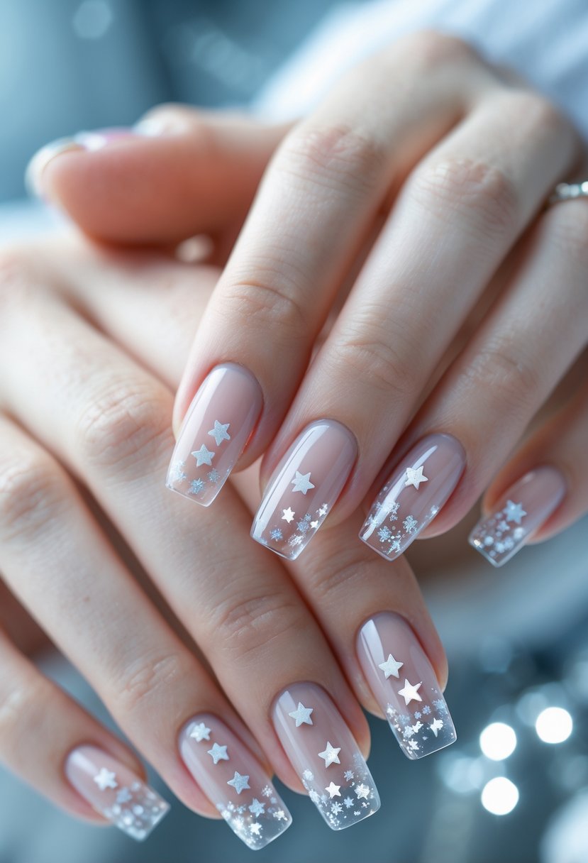 Close-up of hands with clear nails decorated with small silver stars against a soft winter-themed background.