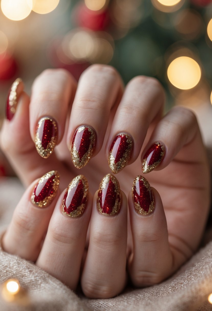 Close-up of hands with red and gold almond-shaped nails featuring glitter accents.