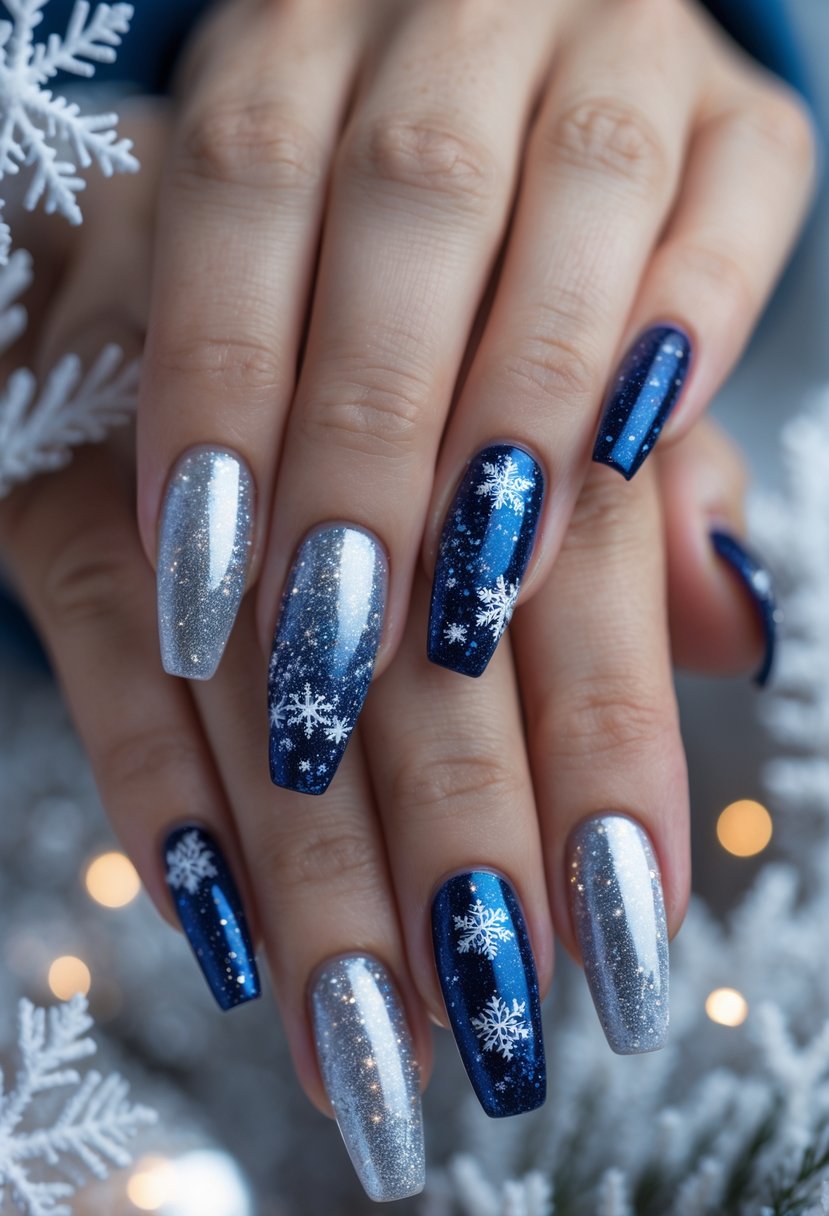 Close-up of hands with glittery silver and blue winter-themed nails against a soft holiday background.