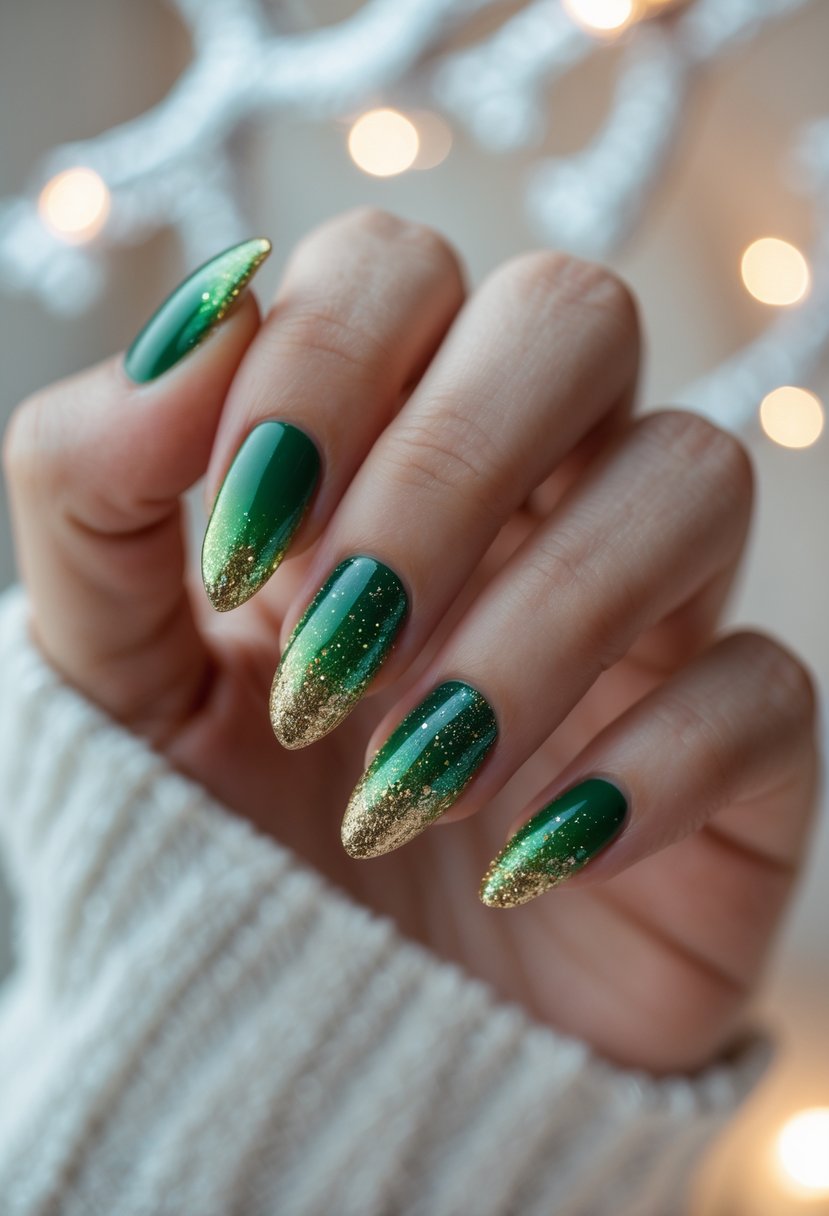 Close-up of hands with green ombre nails decorated with gold glitter, set against a soft winter-themed background.