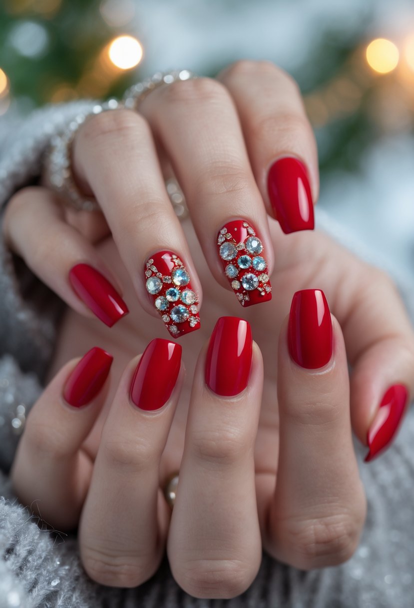 Close-up of hands with red nails decorated with rhinestones in a winter holiday setting.
