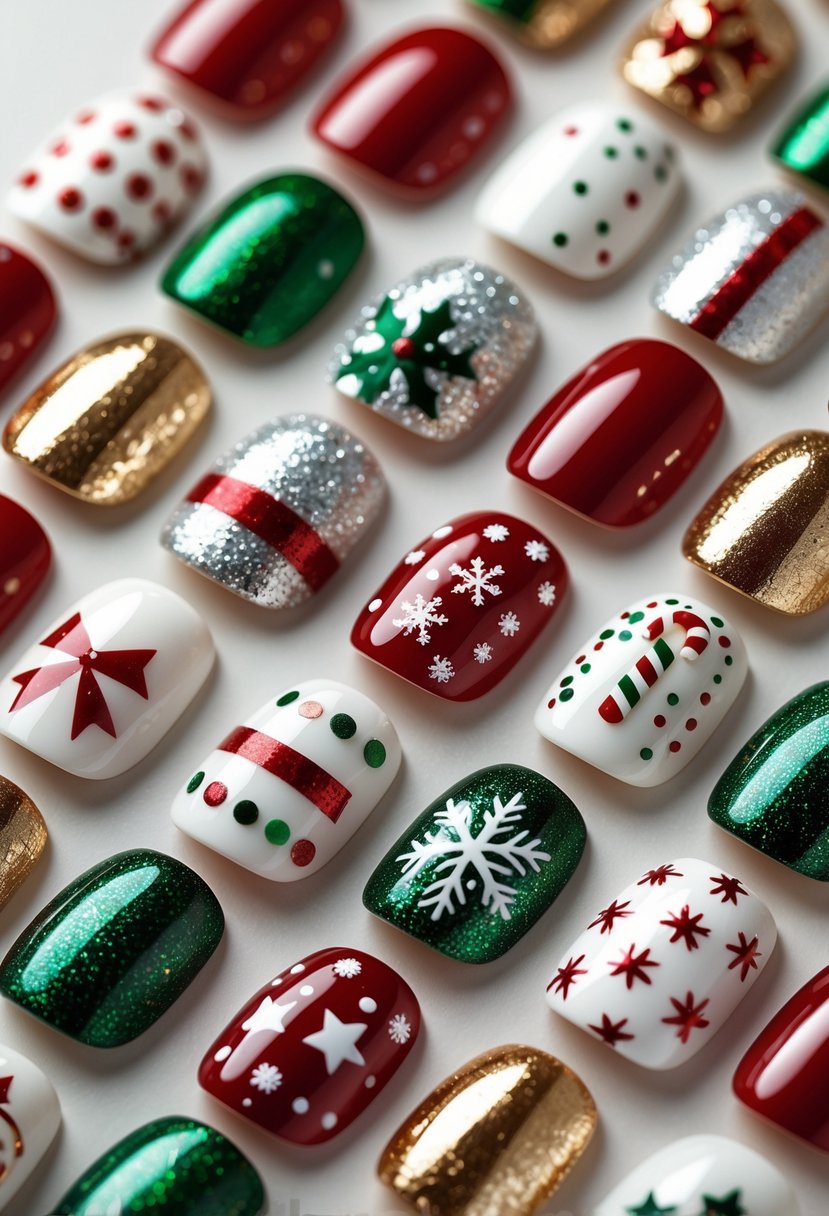 Close-up of 22 hands showing festive holiday-themed manicured nails with various Christmas designs.