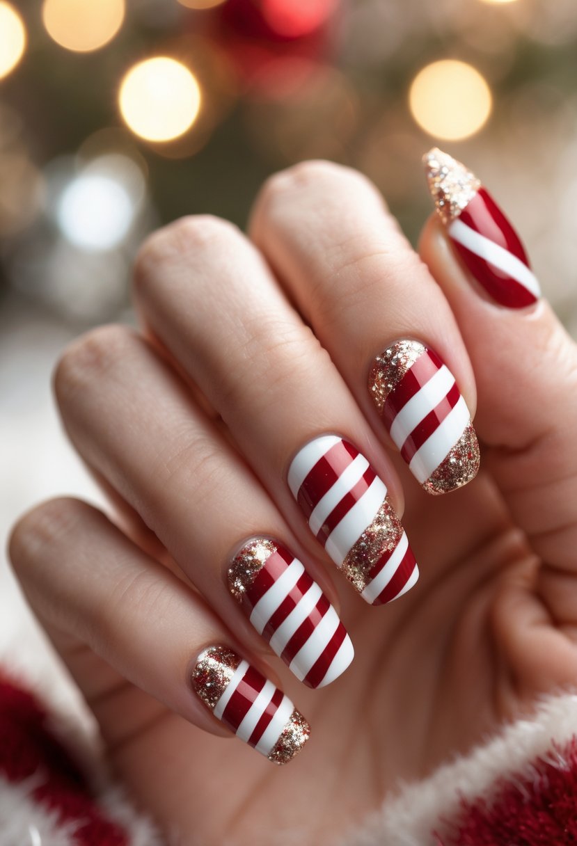 Close-up of a hand with red and white striped glittery Christmas-themed nails.