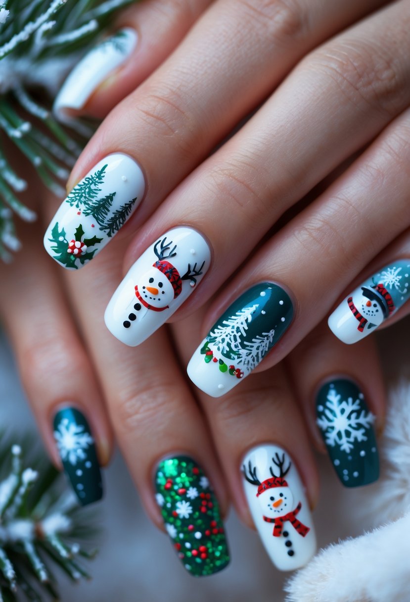 Close-up of hands with 23 nails decorated with winter and Christmas-themed designs including snowflakes, trees, and festive patterns.