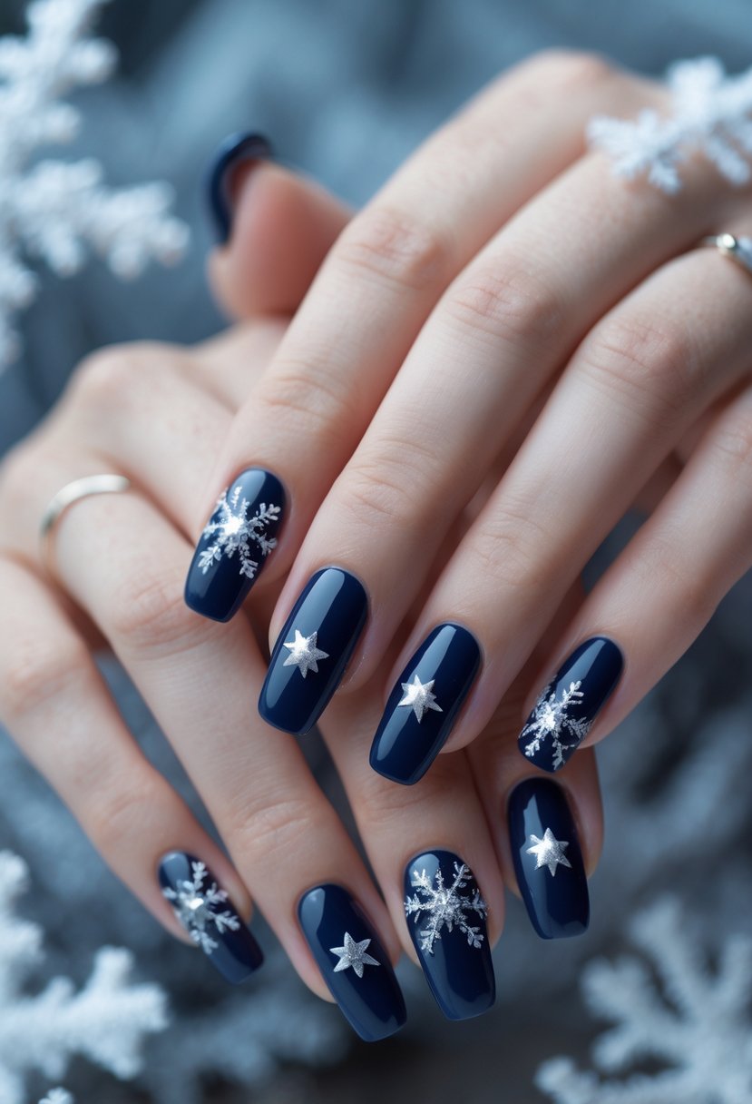 Close-up of hands with navy blue nails decorated with silver star accents.